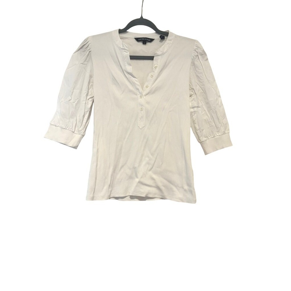 Veronica Beard sz M white cotton 1/2 button up ribbed shirt/blouse Q